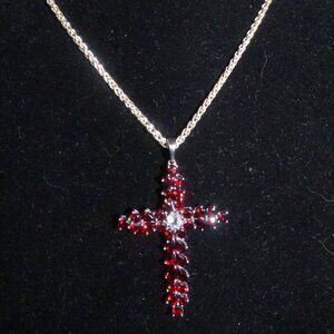 7.49CTS GARNET & WHITE TOPAZ SS CROSS PENDANT GOTH VICTORIAN LE 40 NWOT